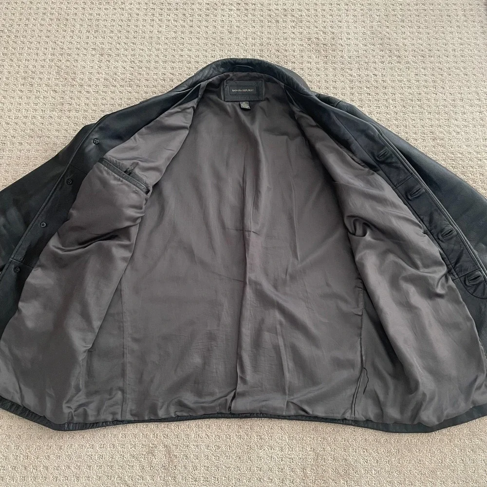 Vintage Banana Republic Over Coat Jacket Men XL Black Genuine Leather Button Up